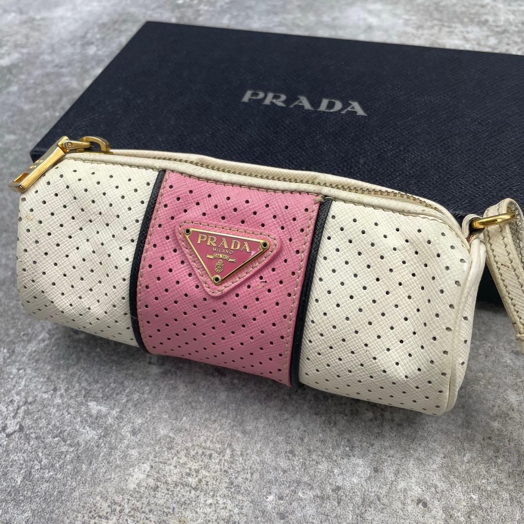 【微美品】PRADA プラダ　レザー　ポーチ　バイカラー　三角ロゴ PRADA プラダ Triangle Leather トライアングル レザー Porch Clutch