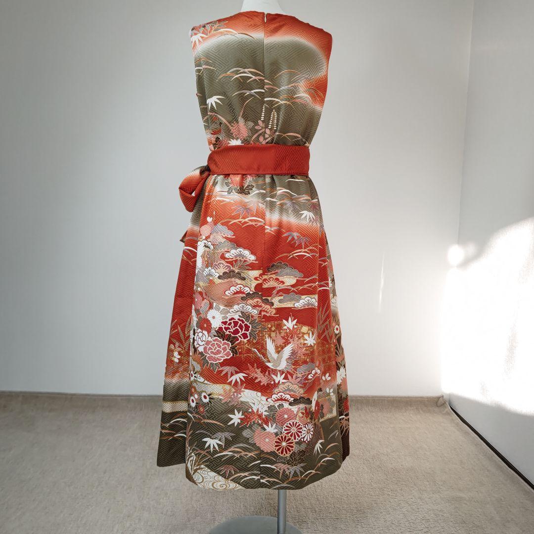 zunezune 振袖ドレス 大きめサイズ ノースリーブ 着物リメイク 朱色