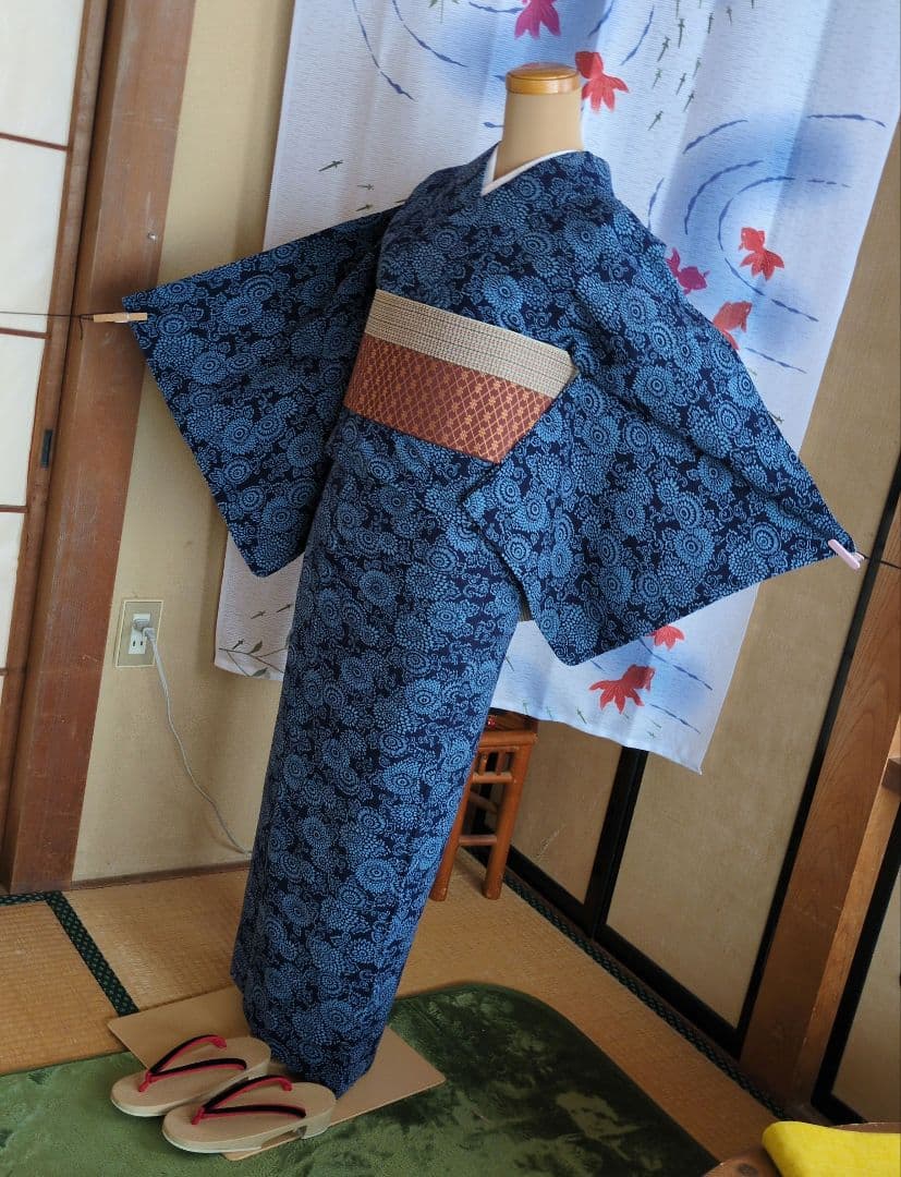 ⑦　浴衣2点セット KIMONOMACHI 浴衣 レディース 浴衣と帯の2点セット 「浴衣 紺色 梅＋