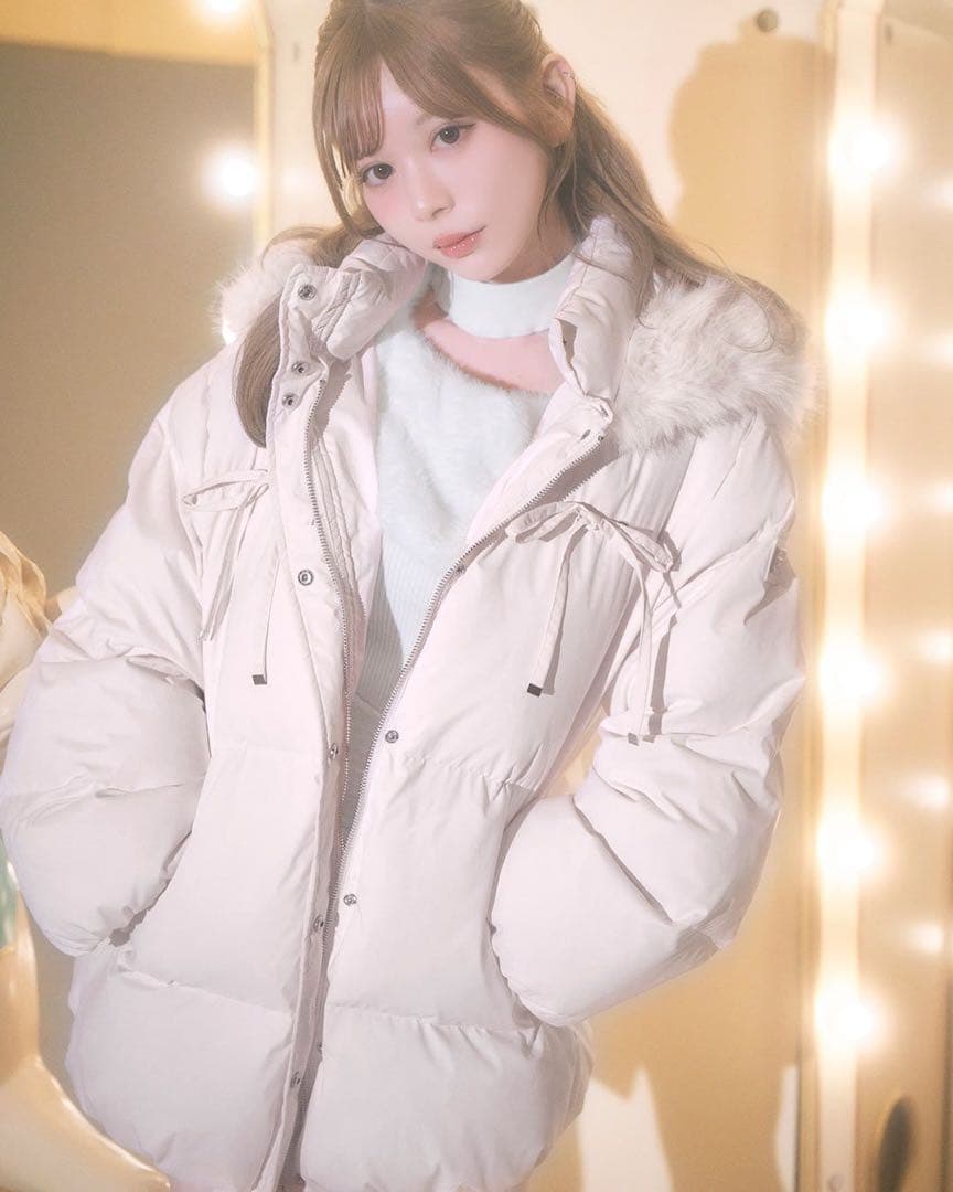 ミシェルマカロン ファーフードリボンダウンコート ピンク