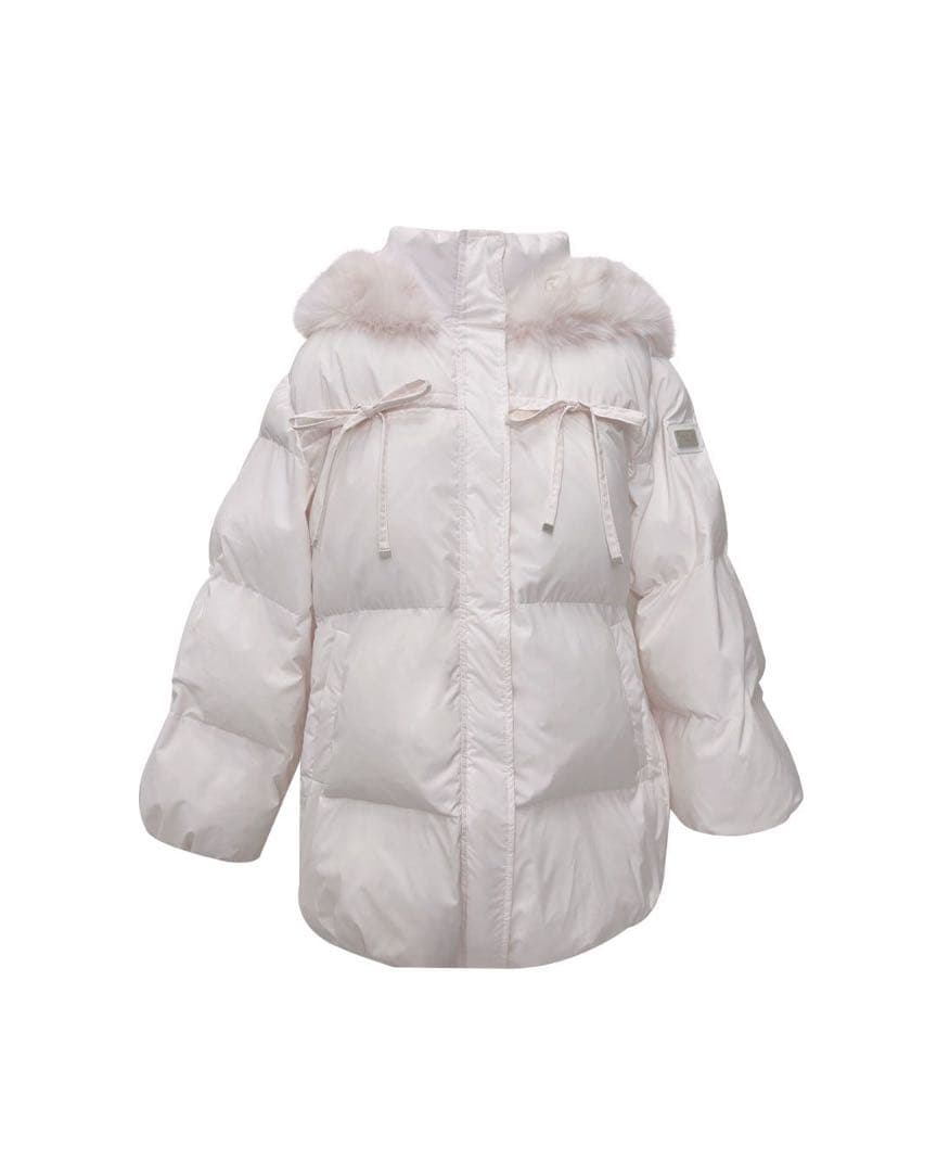 ミシェルマカロン ファーフードリボンダウンコート ピンク