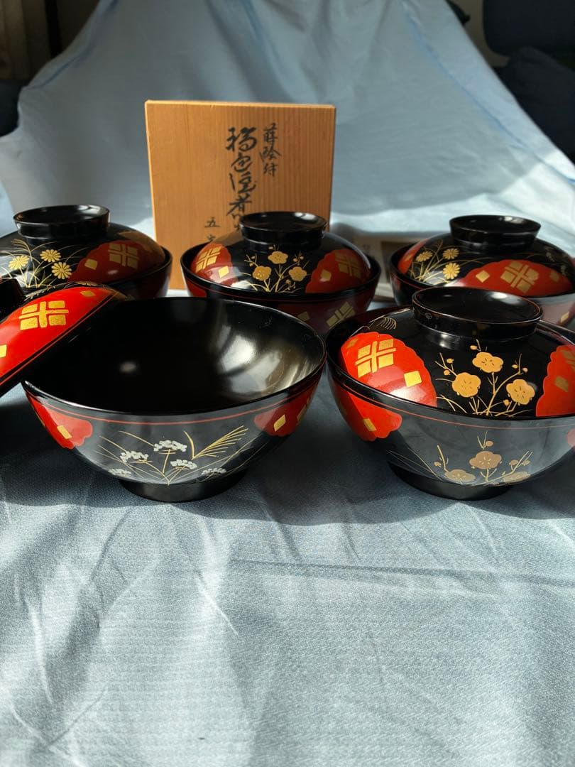 本物保証】輪島塗 角知作 吸物椀 5客セット 共箱・パンフレット付 椿