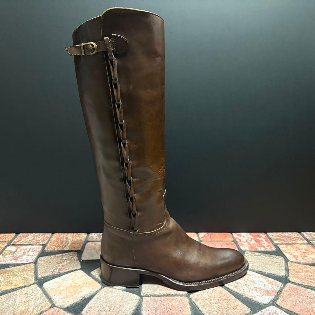 サルトル　ジョッキーブーツ　ロングブーツ 編み飾り　ベルト　本革　22.5cm