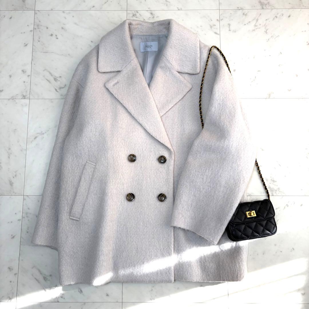 美品 シーズンスタイルラボ シャギーダブルコート アイスグレー モヘヤ