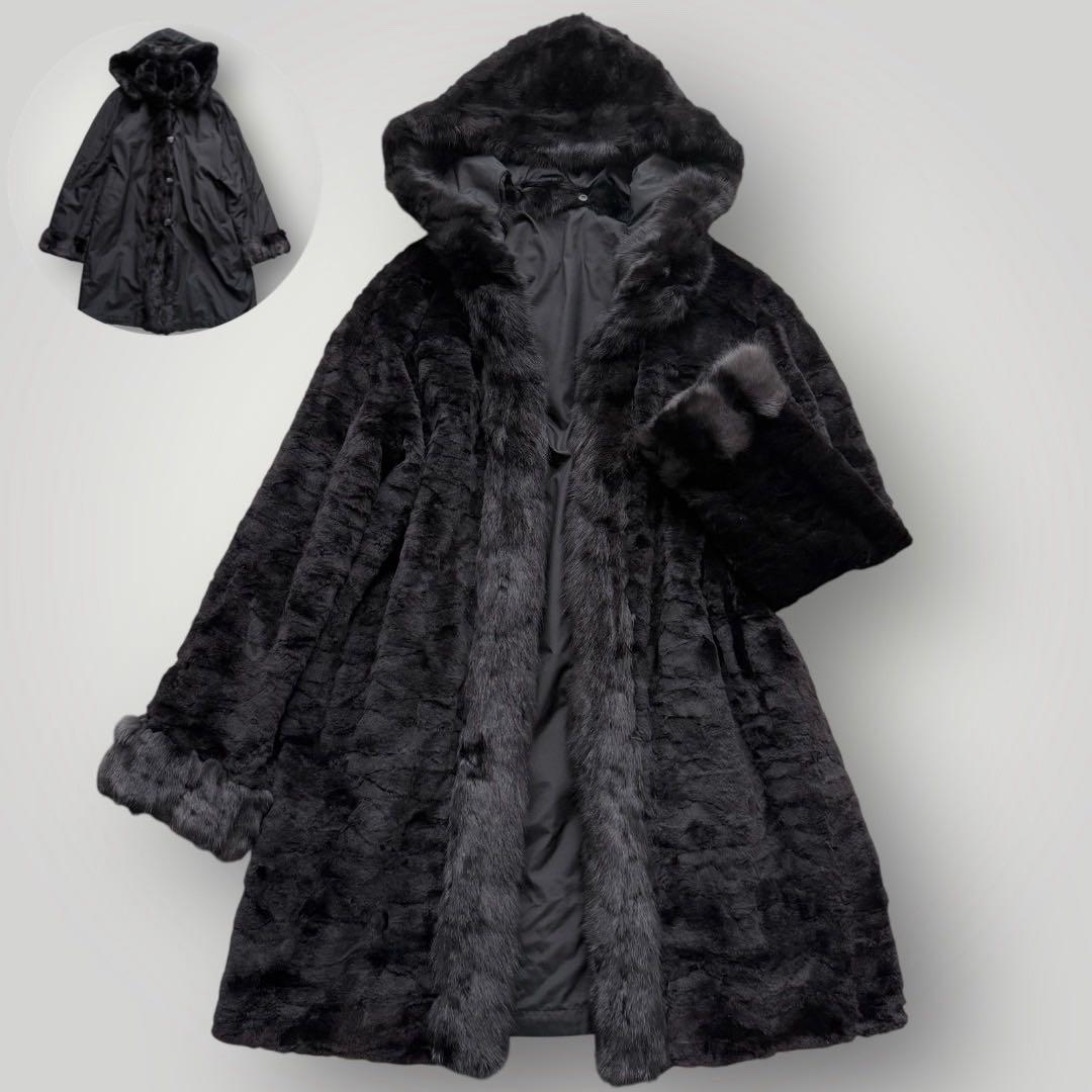 高級毛皮 ロシアンリス シルク リバーシブル ロングコート フード付