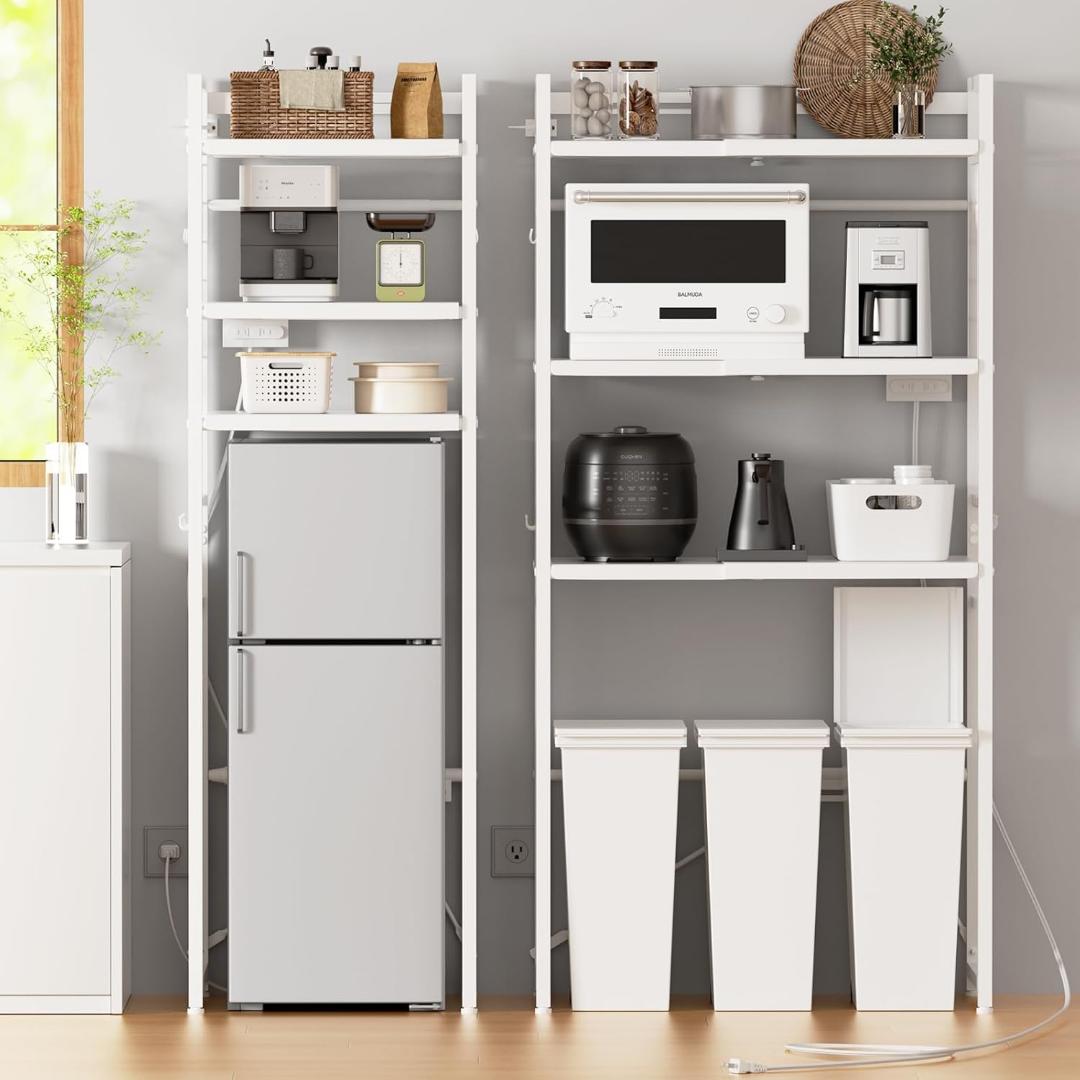 幅伸縮 2口コンセント 高さ調整 レンジラック ゴミ箱上ラック 白 レンジラック 【幅伸縮・2口コンセント・高さ調整】 ゴミ箱上ラック 棚