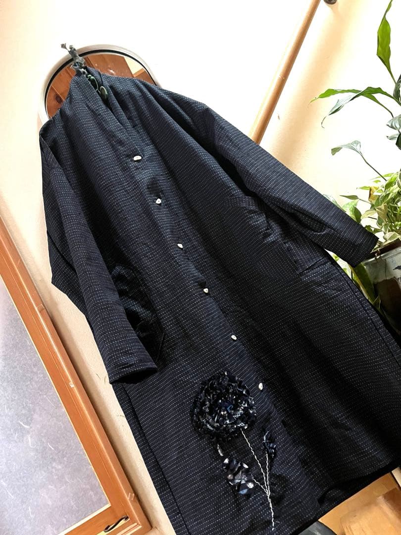 着物リメイク　久留米絣反物　ワンピース　チュニック　コート　花飾り　ハンドメイド 着物リメイク 古布 手作り かわいい柄 久留米絣 ワンピース ワンピース