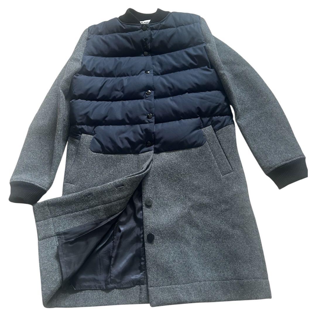異素材切替【MUVEIL】ダウンメルトンコートノーカラーネイビー×グレー