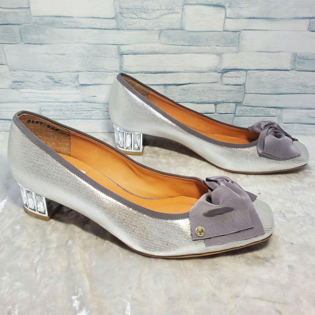 【未使用級】✨LANVIN 23.5cm ビジューヒールリボンパンプス シルバー
