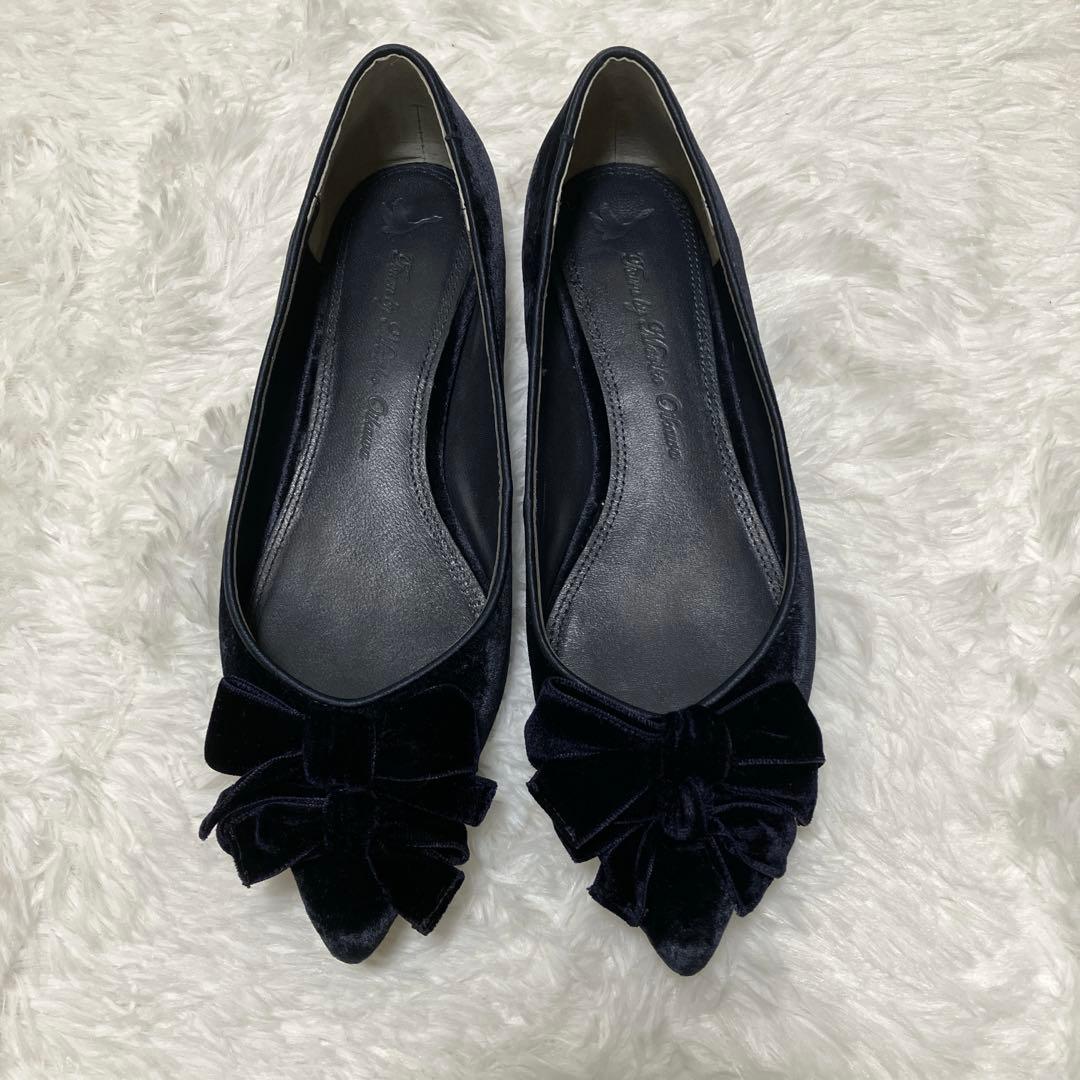 極美品 ツルバイマリコオイカワ ベロア ダブル リボン フラットパンプス 39 極美品 ツルバイマリコオイカワ ベロア ダブル リボン フラット