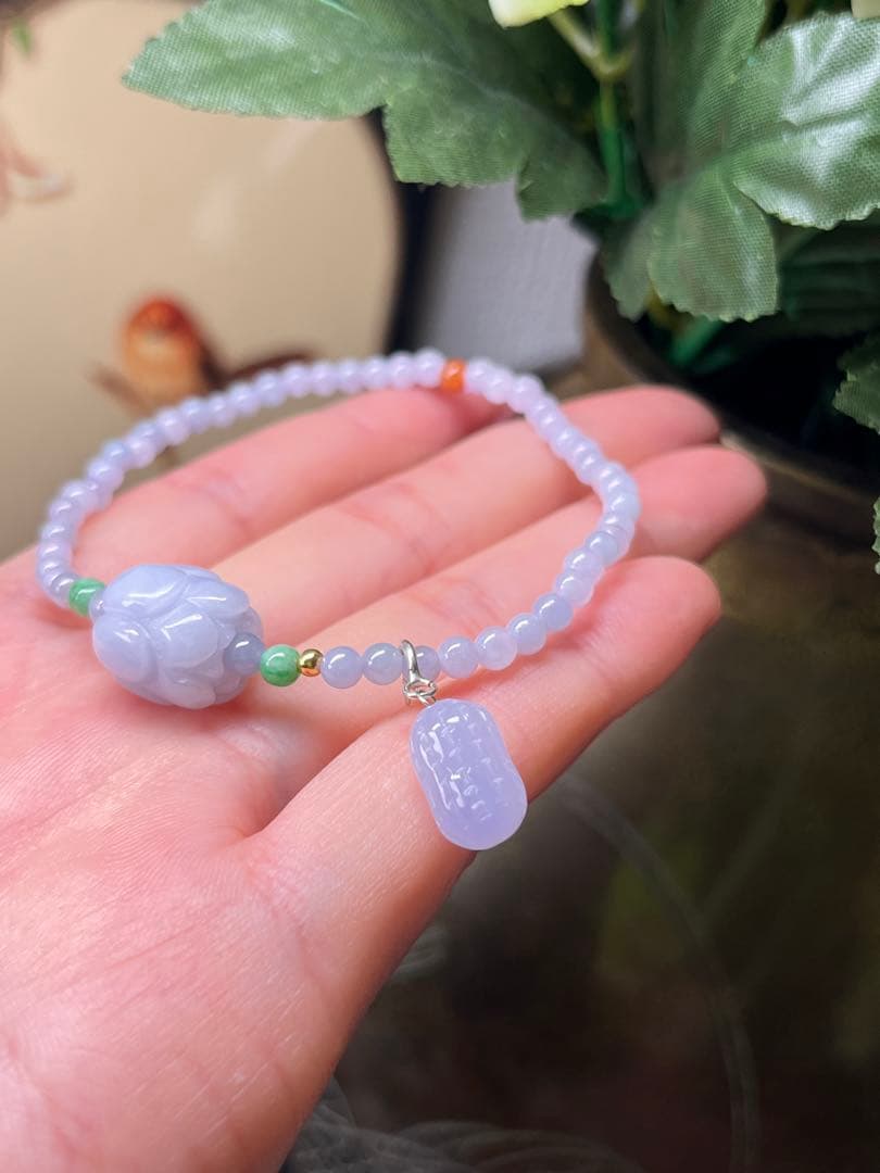 本翡翠18kビーズ入り、ラベンダー双頭蓮花ブレスレット＆ミニ落花生