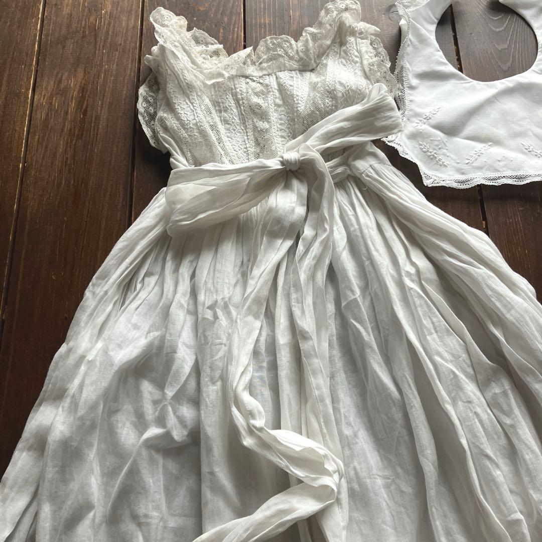 フランスアンティークベビードレス　フレンチスリーブ　洗礼服　おまけ付き パリ発送】E1185 フランスアンティーク洗礼式用ベビードレス