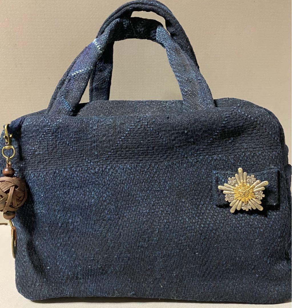 ◆手作り　庄内刺子のボストンバッグ　半纏　古布 古布刺し子消防半纏のタックバッグ | chibisix