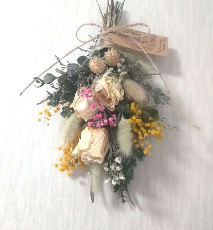 X【ドライフラワー】フラワーブーケ、スワッグ、薔薇、ミモザ