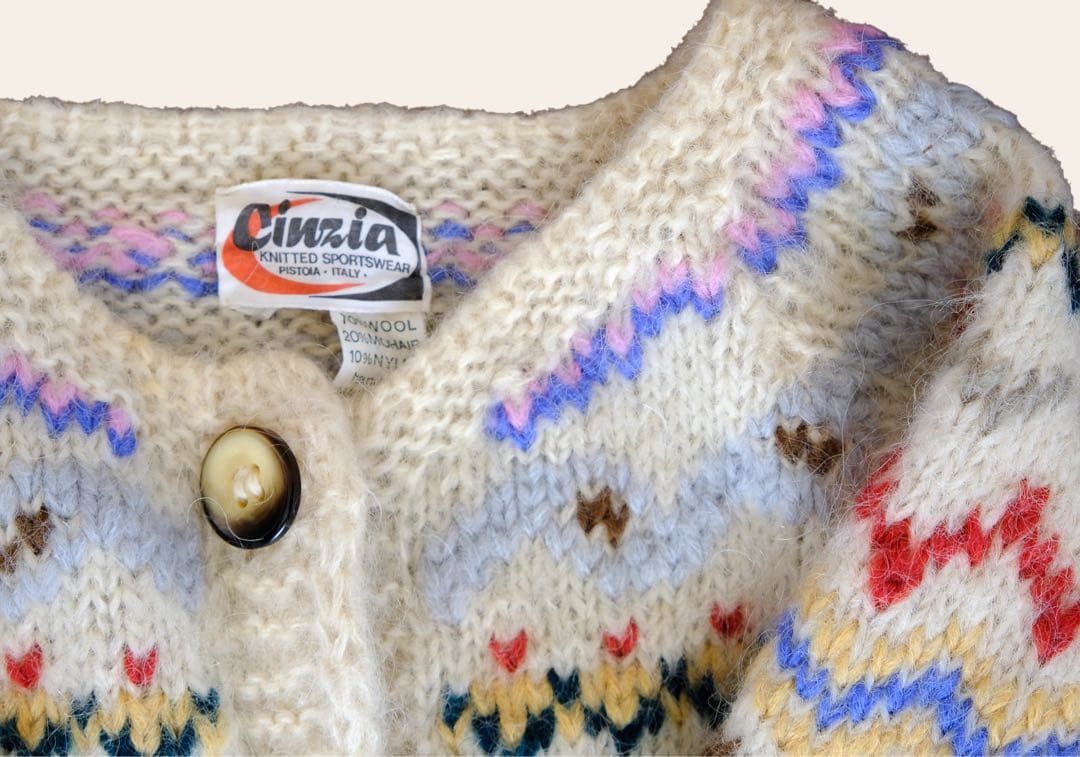 70s ユーロ ヴィンテージ クリーム色 ニット 古着 鳥刺繍 手編み 民族