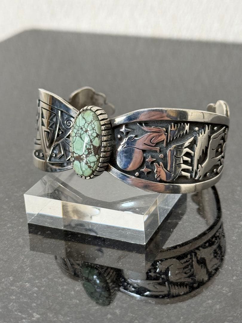 Hopi ホピ族 ゲイリー ターコイズ1石 オーバーレイ シルバーバングル インディアンジュエリーオーバーレイ バングル ホピ族 Lucion Koinva