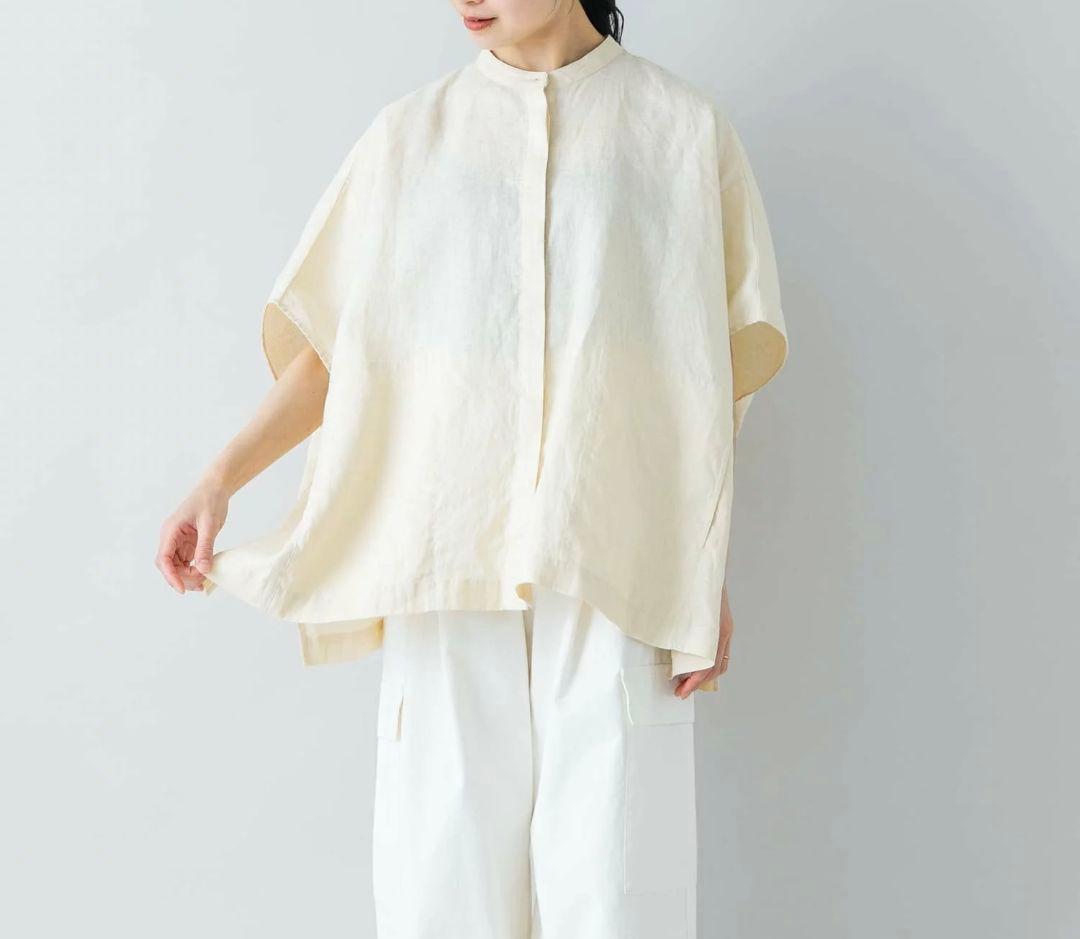 【即納】かぐれ　リネンスクエアケープシャツ　イエロー かぐれ（カグレ）の「リネンスクエアケープシャツ（シャツ/ブラウス