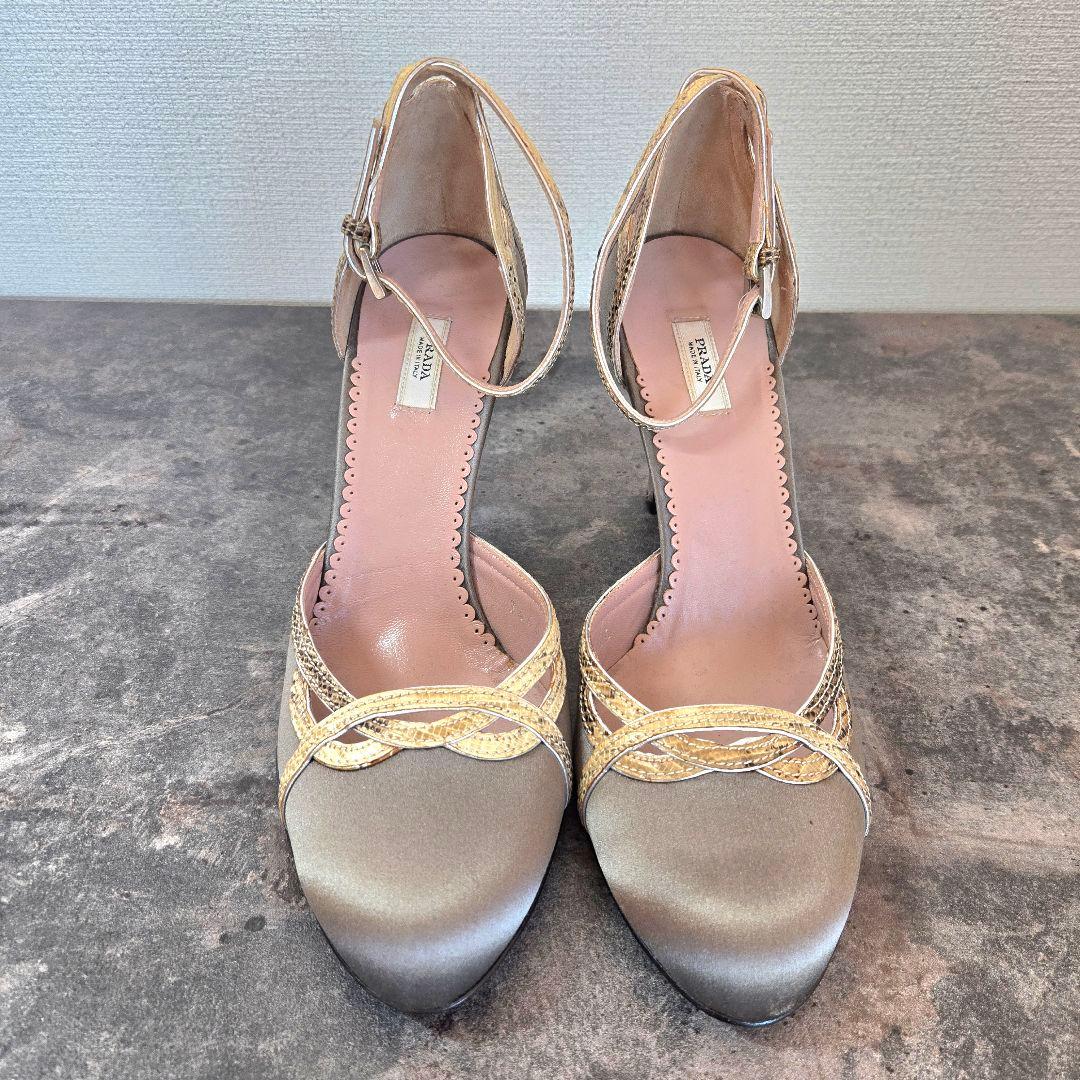美品 PRADA プラダ パイソンコンビ サテンパンプス 22.5cm ゴールド