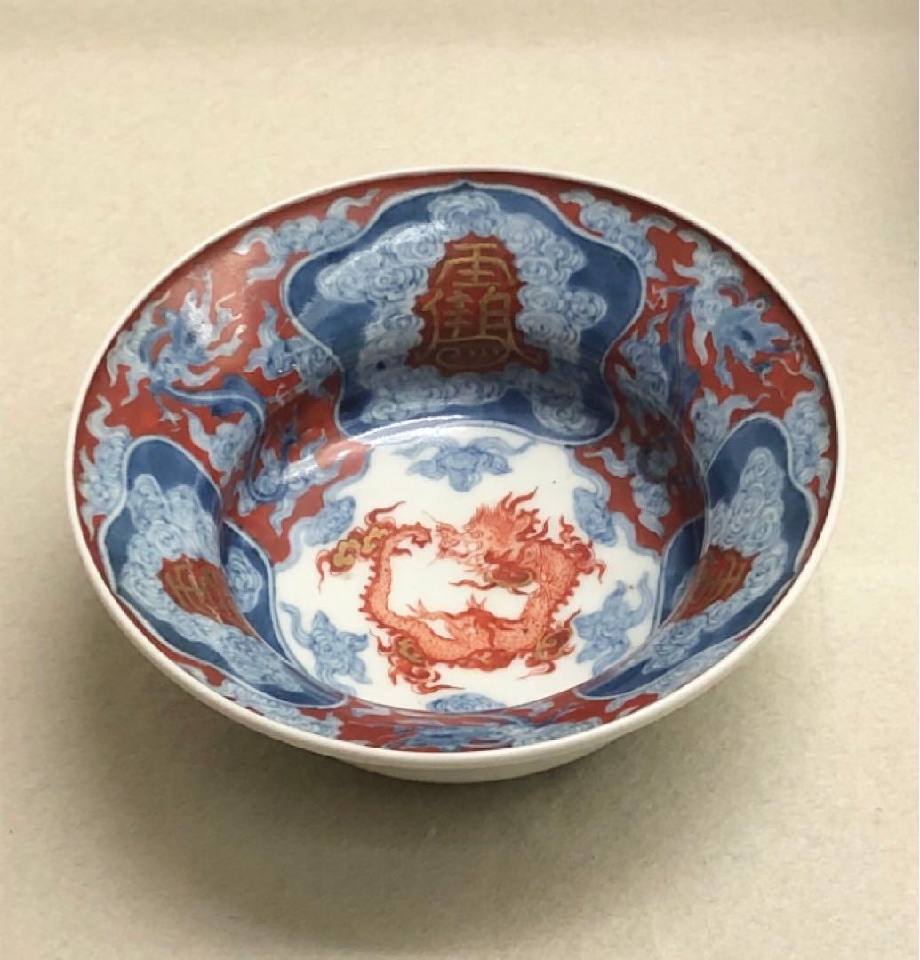 継続出品 江戸時代 有田焼 献上 古伊万里 色絵 団鳳凰雲龍文 木瓜型