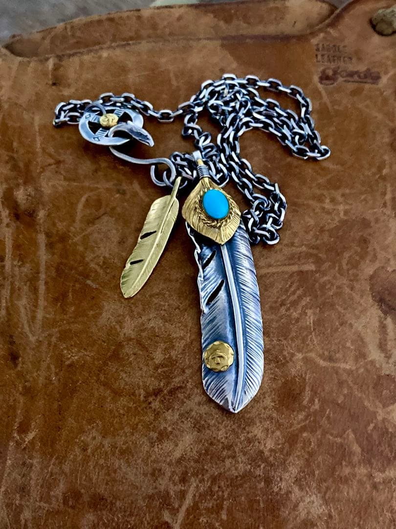 goro's 全金ターコイズ付特大フェザー 細角チェーンset