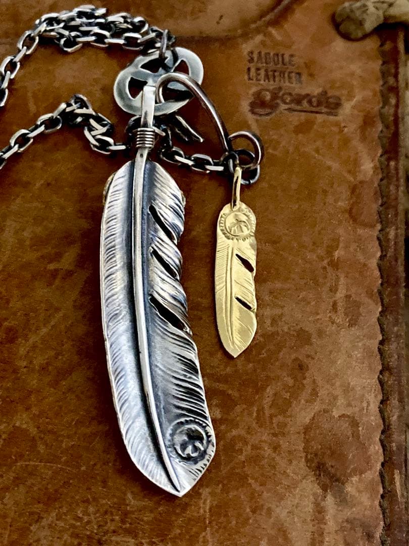 goro's 全金ターコイズ付特大フェザー 細角チェーンset