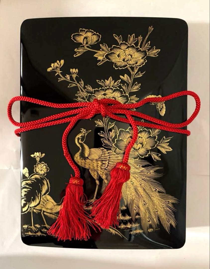 清仙作 黒塗り沈金文箱 牡丹孔雀柄 未使用に近い 箱・布付き和室 書道