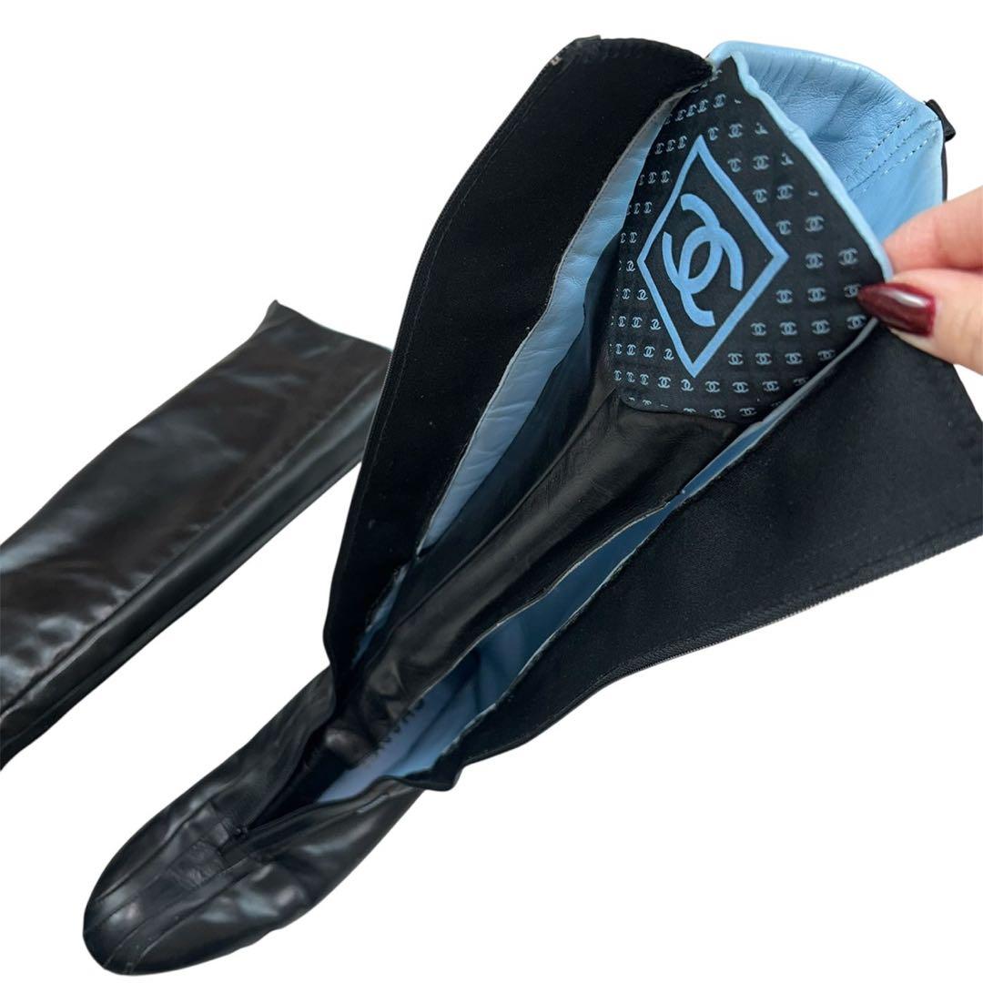 K634 25.0cm シャネル ココマーク 刺繍 ブーツ ブラック レディース