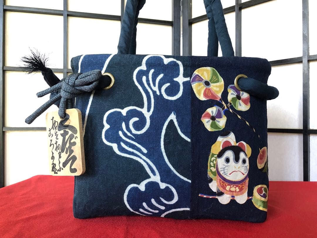 一閑張り　一閑張りバック　　　　藍染 筒がき　正絹古布　犬張子　狛犬 一閑張り 一閑張りバック 藍染 筒がき 正絹古布 犬張子 狛犬