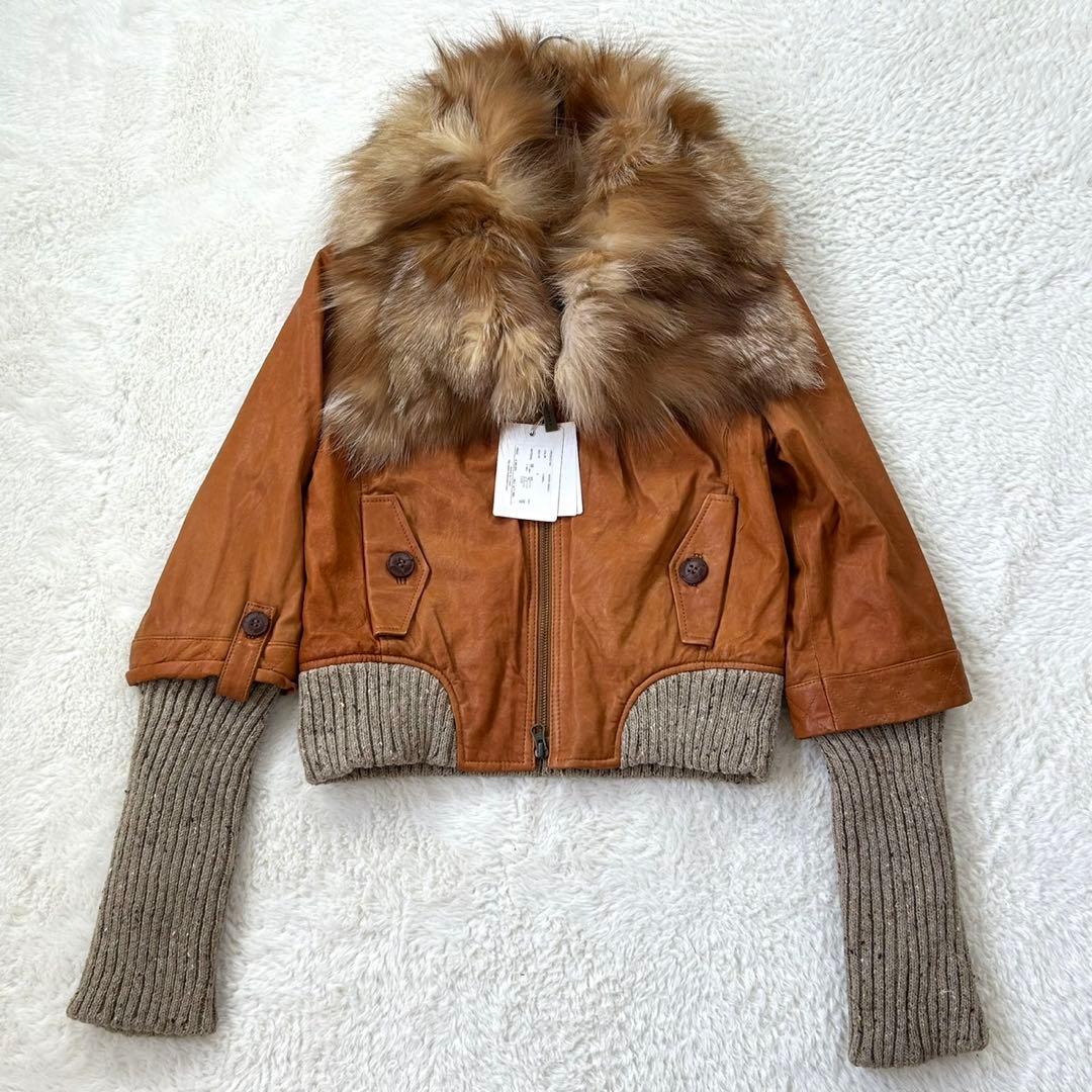 チェルシーガーヴ/2/キャメル/レザージャケット/フォックスファー付き/ショート She's Closet ブルゾン アウター スタンドネックショート丈ダブル