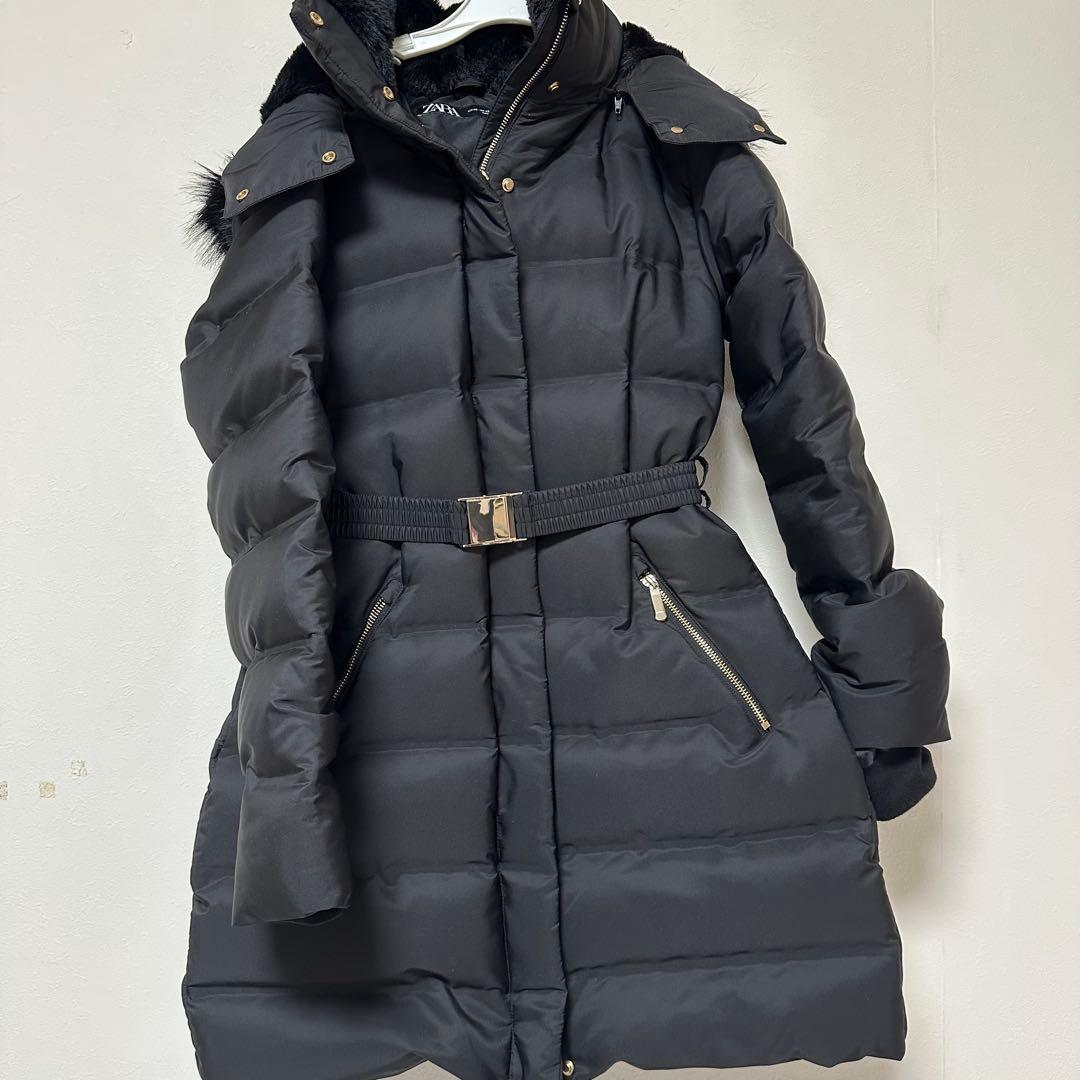 ZARA 水と風の保護 ベルト付きフードダウンジャケット XSブラック