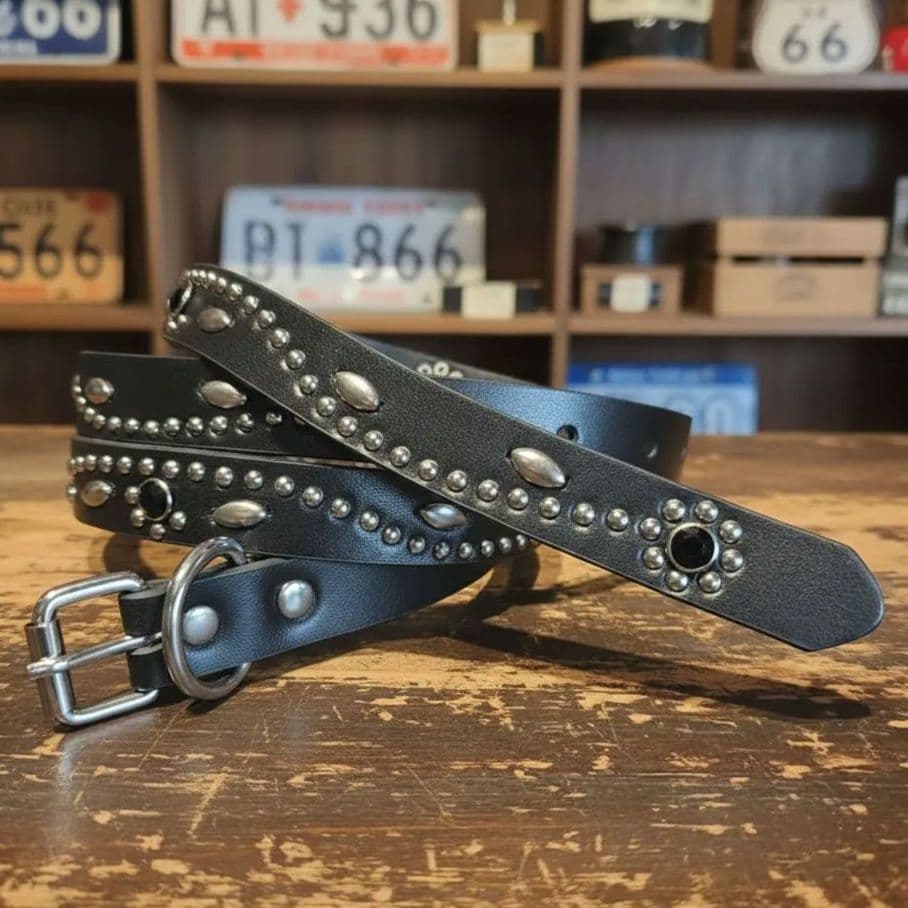 フラワー黒□本革レザーフルスタッズナローベルト☆アメカジ古着