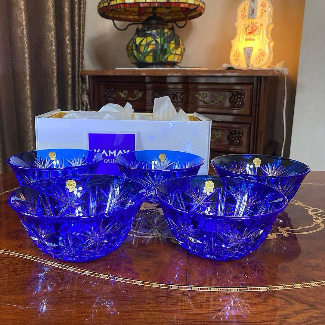 クリスタルダルク クリスタル カメイ 切子 小鉢 ブルー 藍色 5個