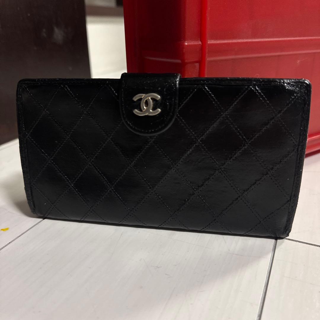 CHANELココマーク マトラッセ ビコローレ レザー がま口 二つ折り長