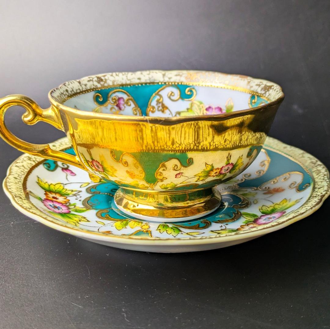 里帰り☆佐治貿易 金彩金盛上草華紋様 ターコイズ カップソーサー