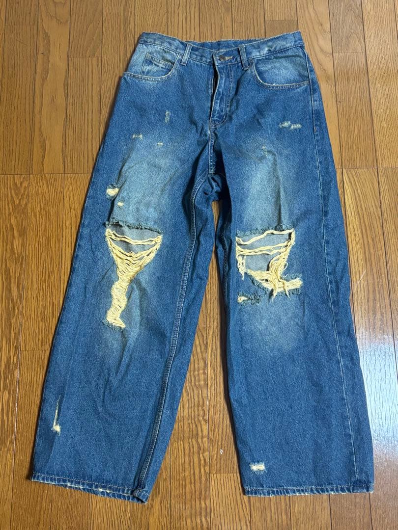 JUNRED ダメージ加工 ブルーデニム ワイドレッグ - メルカリ