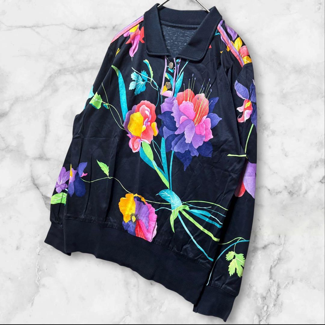 LEONARD✨レオナール 花柄ポロシャツ 長袖 ブラック 総柄 ボタン刻印 M