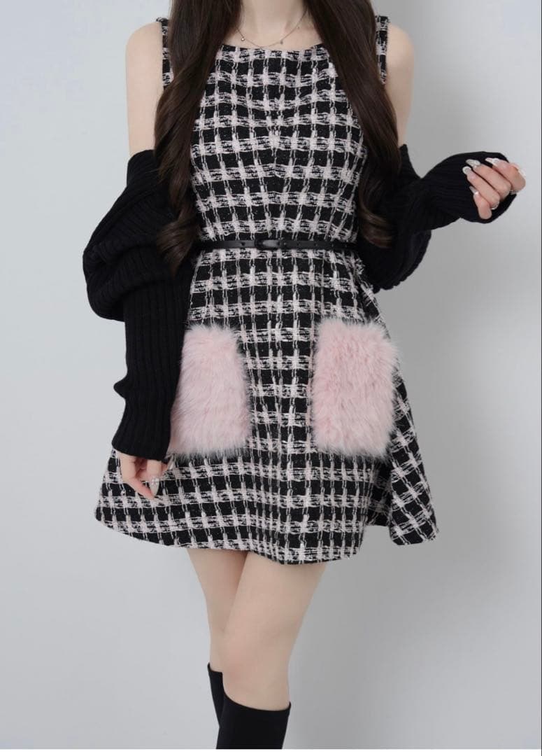 Lumignon Tweed pocket furdress ブラック×ピンク Lumignon original ♥ L holiday tweed knit【ブラック】 | Lumignon