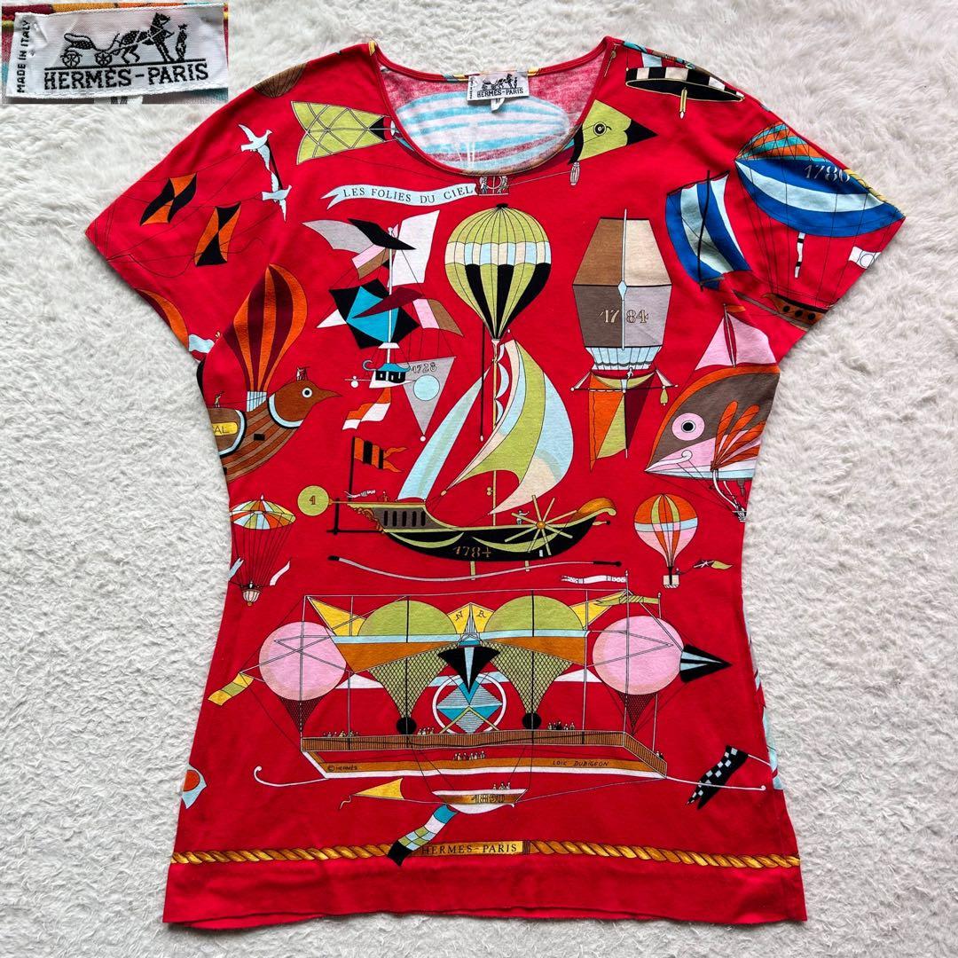 美品】エルメス Tシャツ 気球 飛行船 大空の狂気 レッド M ヴィンテージ