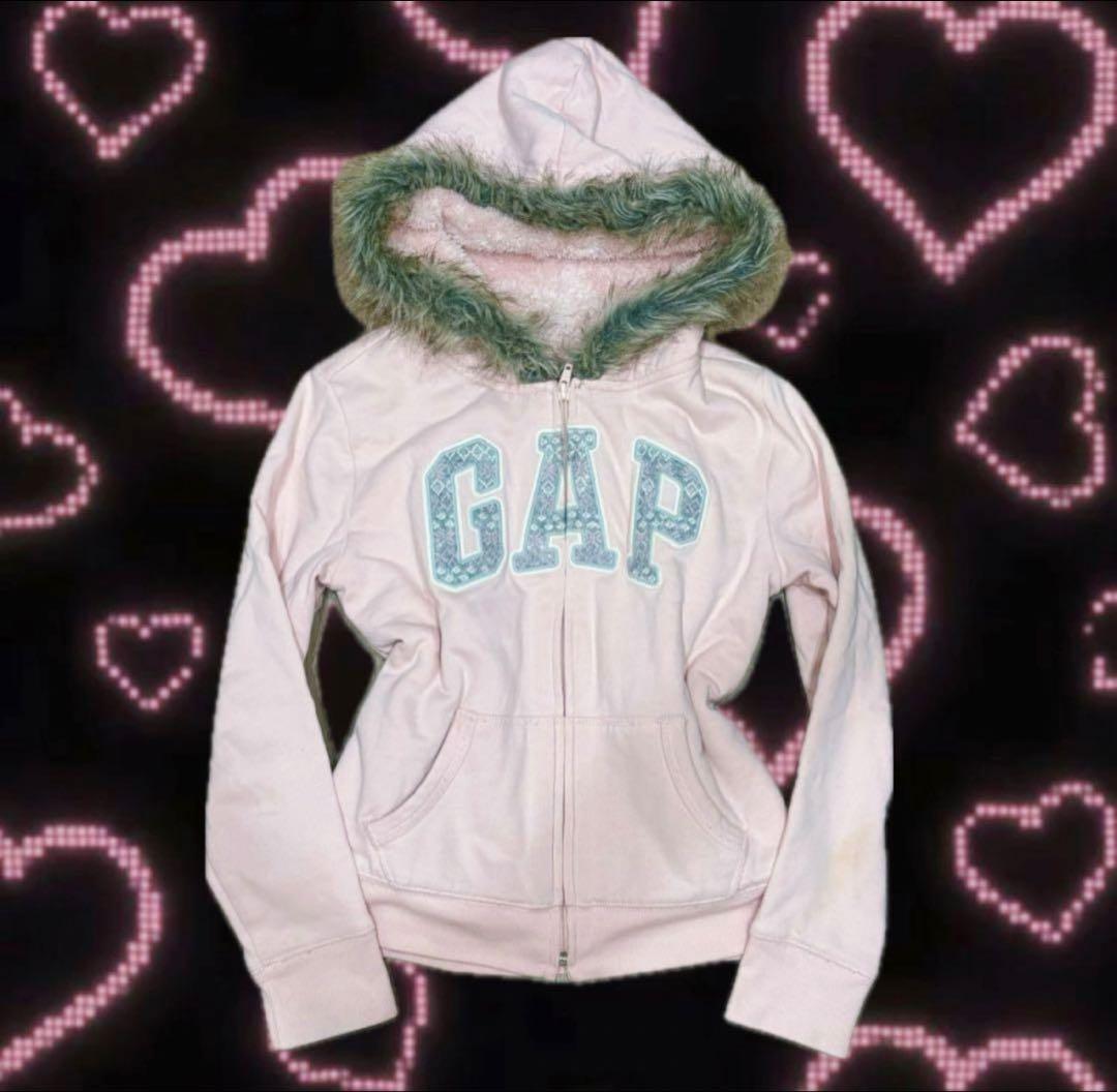☆GAP ギャップ☆短丈 ファーパーカー ラメ ピンクy2k 平成ギャル 裏