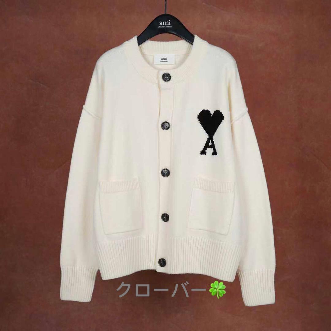 ami アイボリー ニットカーディガンM AMI PARIS カーディガン SMALL RED AMI DE COEUR CARDIGAN オフ