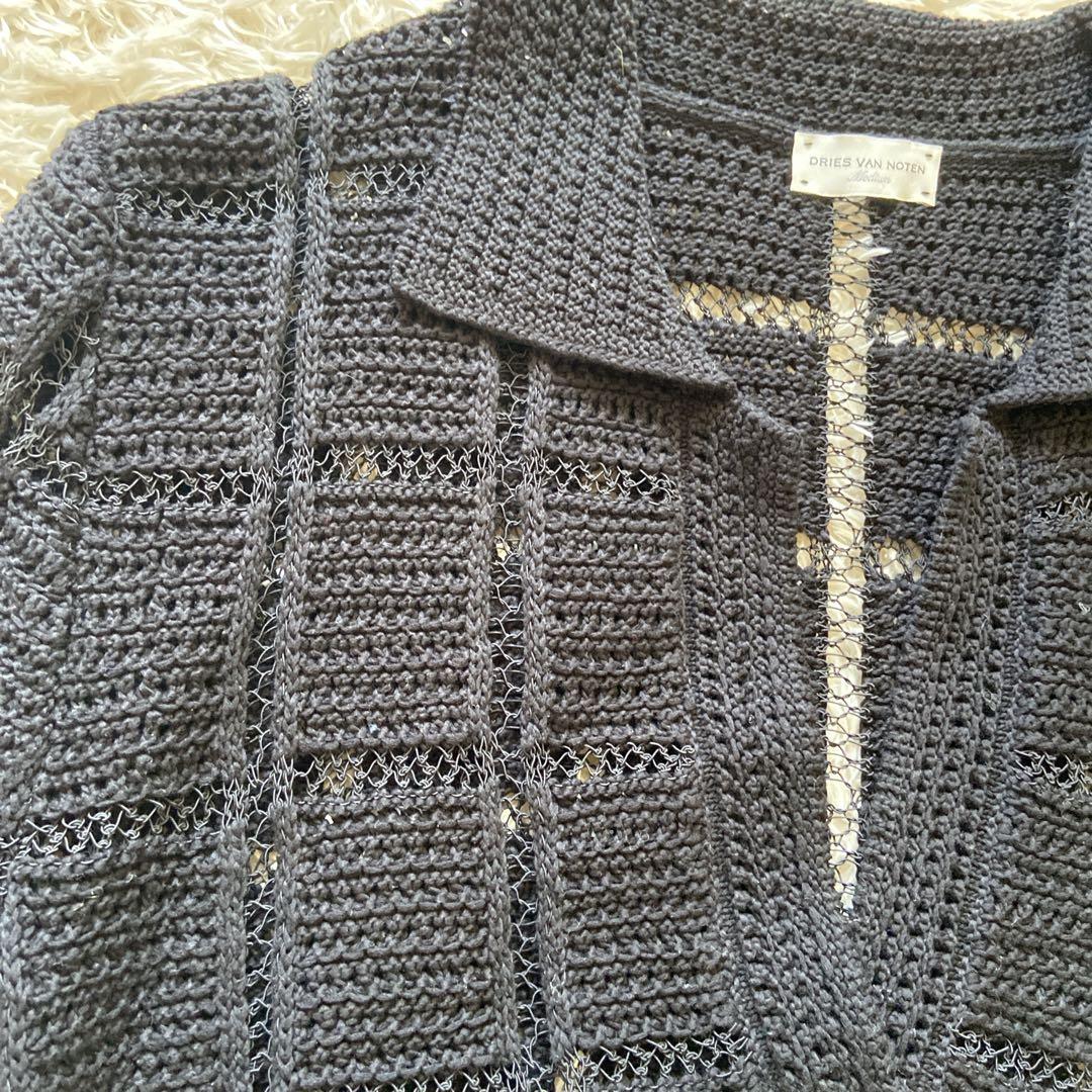 美品 ドリスヴァンノッテン 透かし編みニットポロシャツ ブラック M位