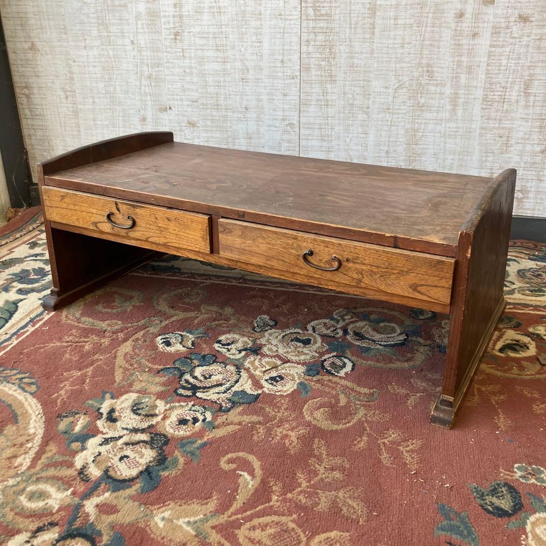 昭和レトロ アンティーク 古家具 木製文机 引き出し付き座卓 書斎机