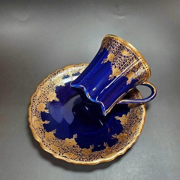 初期オールドノリタケ メープルリーフ印 金盛上藍線帯華装飾紋 カップ