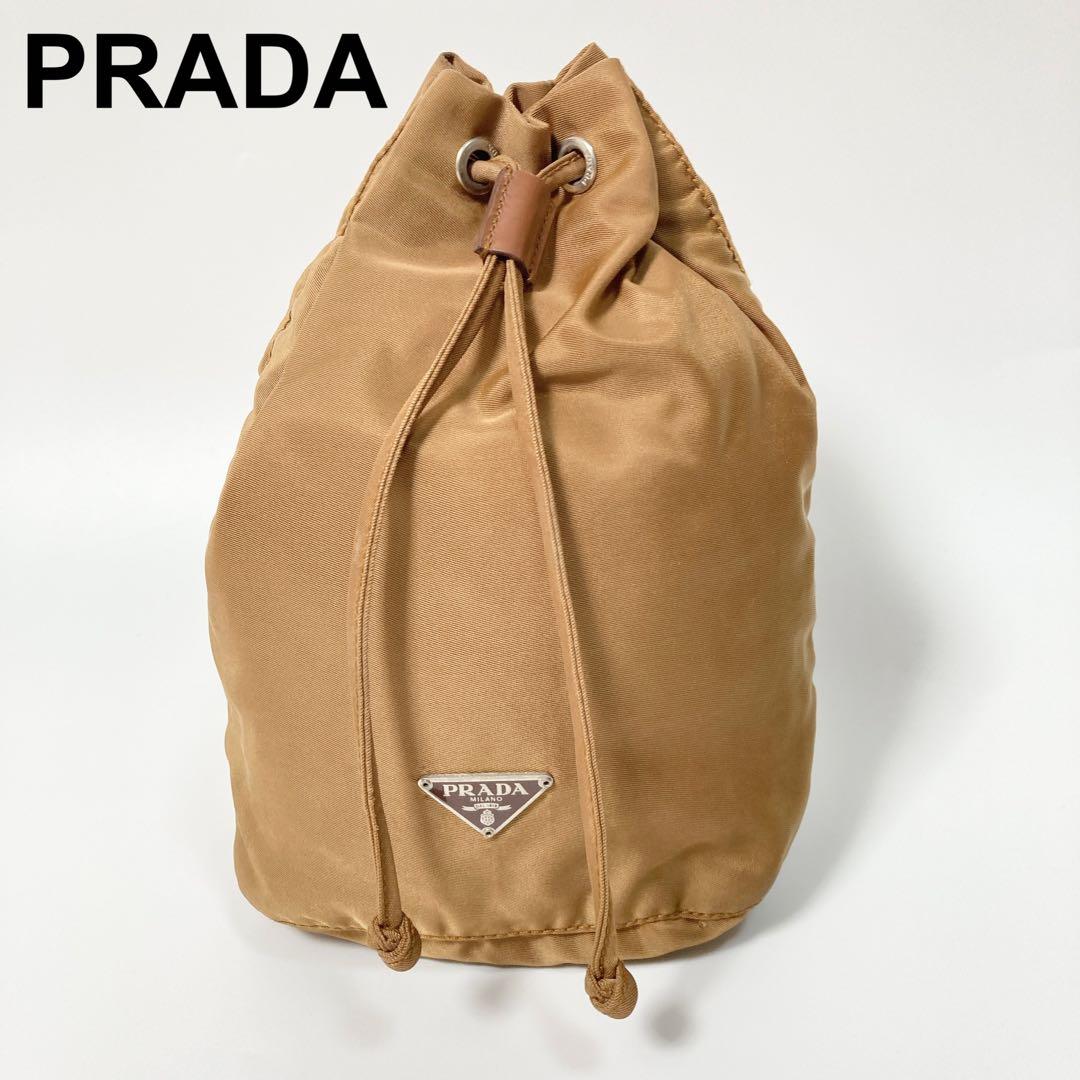 PRADA プラダ 巾着 ミニポーチ バッグ ナイロン 三角ロゴ キャメル