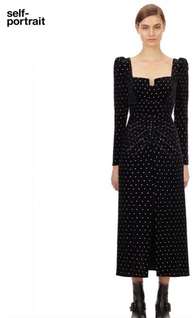 セルフポートレイト　Self-Portrait Self-portrait セルフポートレート ブラック×ベージュ半袖ミモレドレス