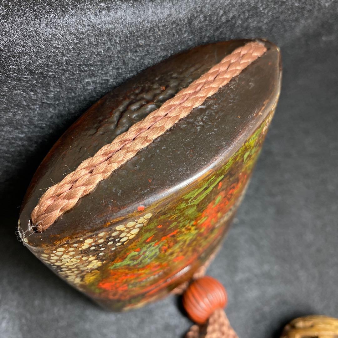 江戸時代 鮫皮蒔絵木彫根付印籠 木箱付 168g 東Y7-0306☆