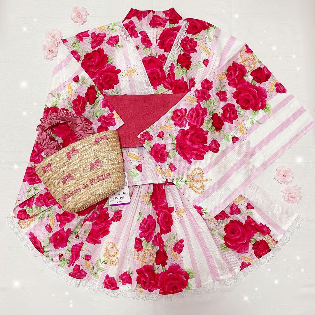 ♡姫系ギャル薔薇柄ピンク浴衣ドレス♡ 浴衣ドレス 大人用 レア 姫系 ラパフェ系 ピンク レース 薔薇 バラ