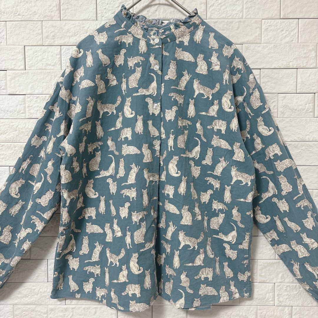 シャワーパーティ×リバティ　長袖シャツ 猫　ネコ　MEOW ミャオウ Parkes リバティ バンドカラービッグシャツ Meow/VE ミャオウ ネイビー