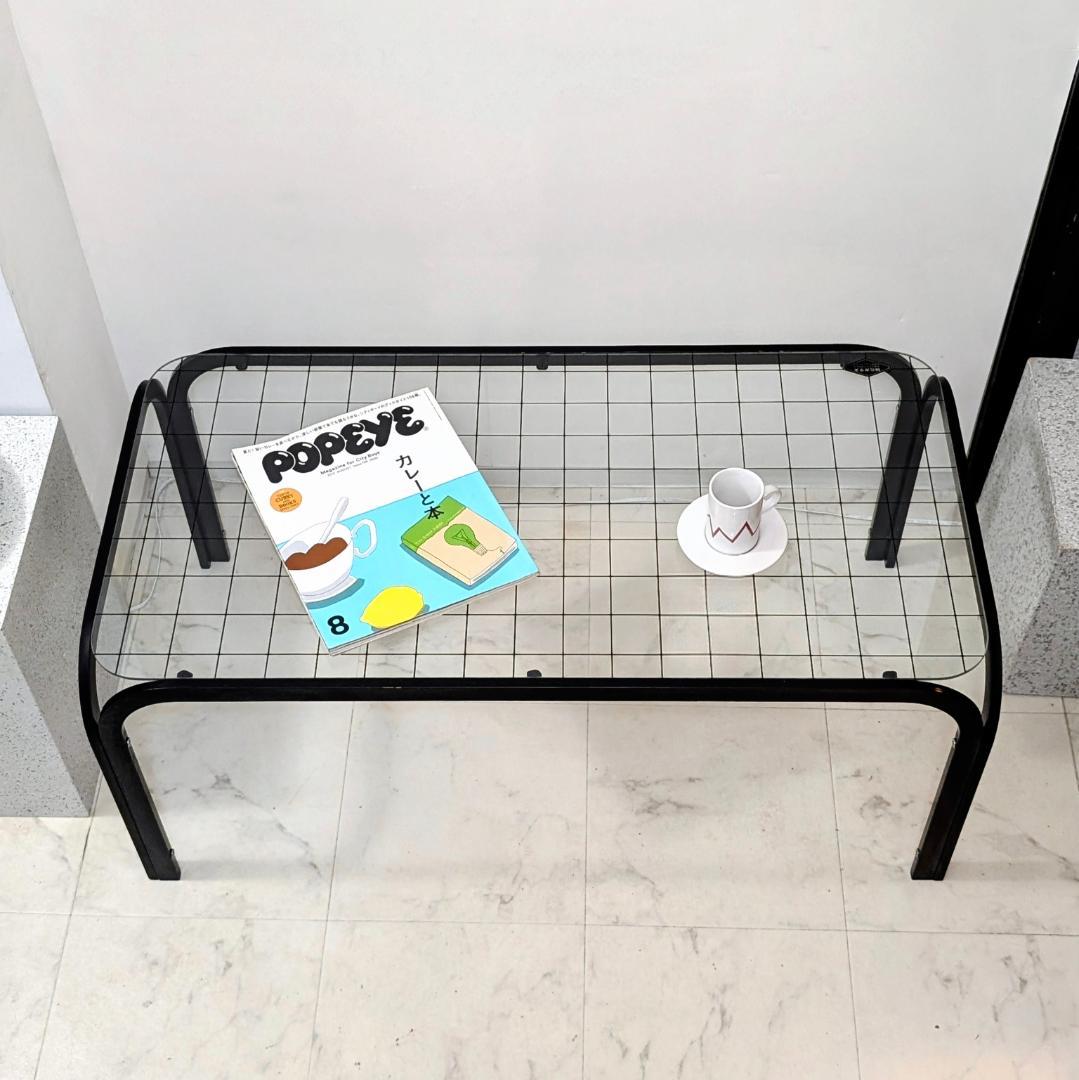 グリッド柄 リビング ガラス テーブル 黒 80s ビンテージ ポップ センターテーブル ガラステーブル おしゃれ 大理石調 大理石柄