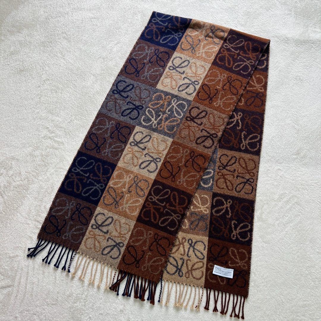 美品 ロエベ LOEWE マフラー カシミヤ混 アナグラム 総柄 ブラウン